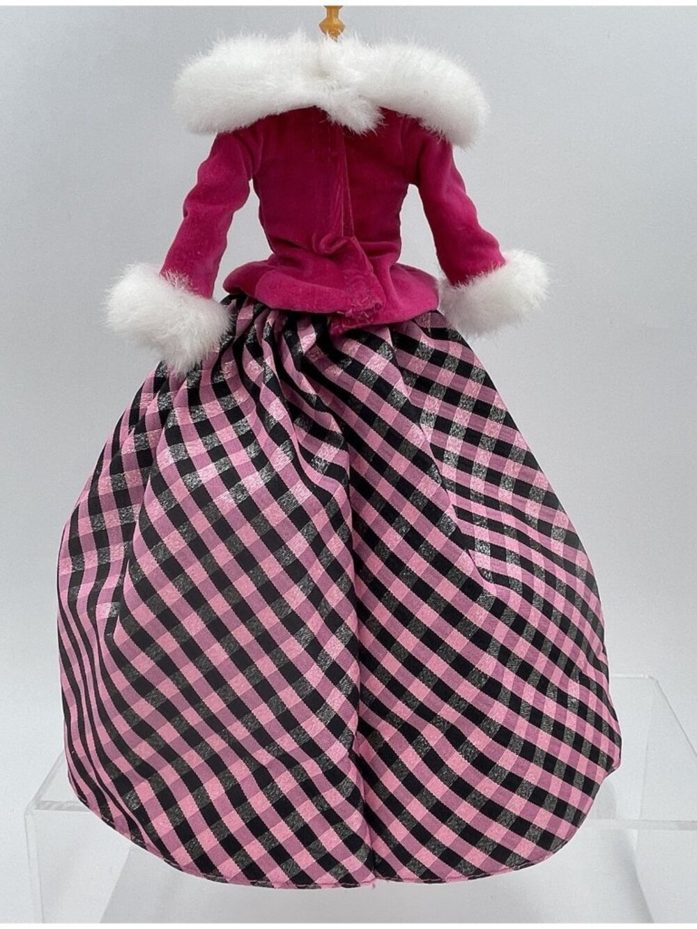 Barbie Doll Formal 2 Piece Dress Pink Velvet Fur Trim Plaid Skirt Winter Gown - Picture 2 of 7